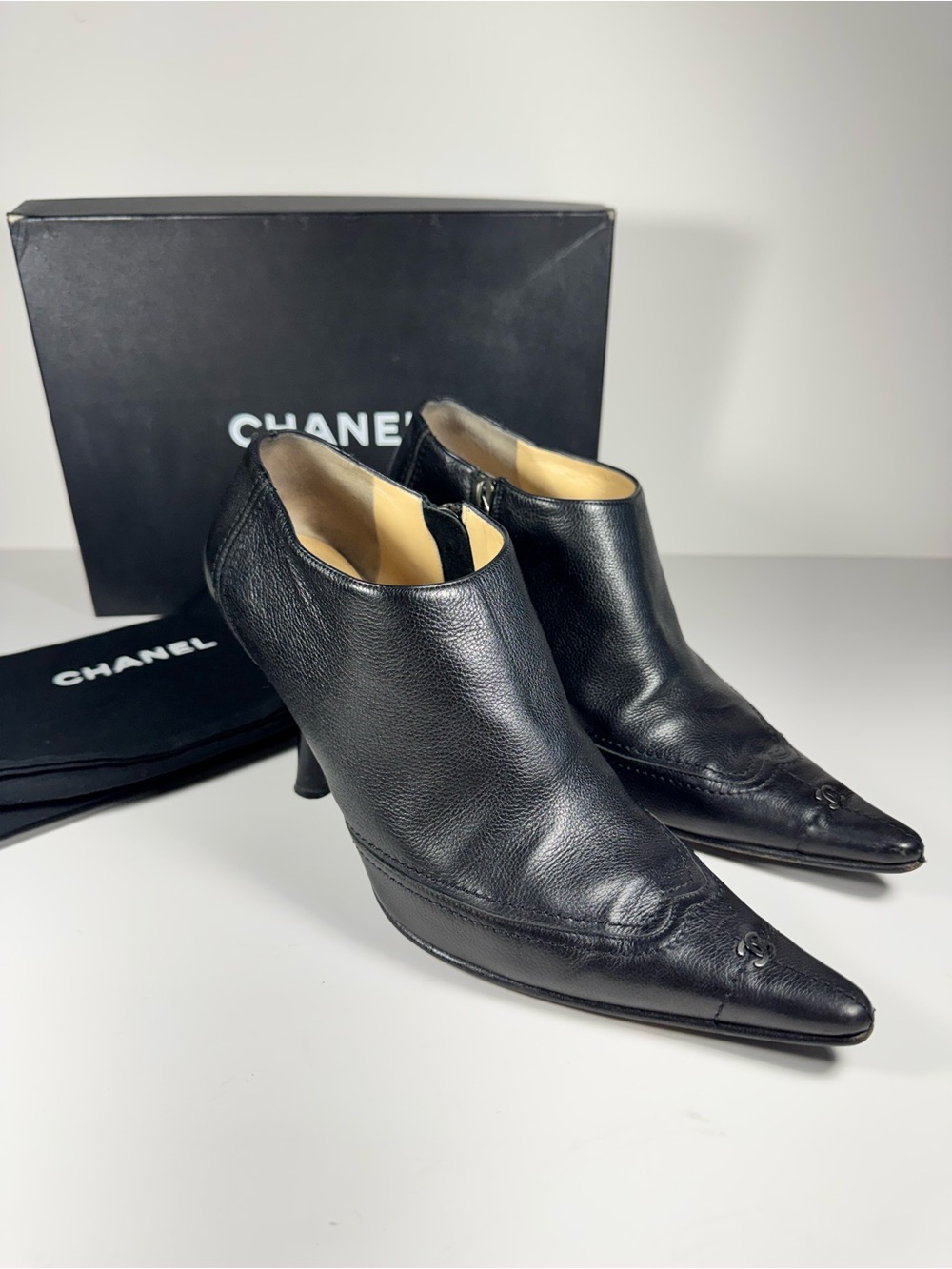 Vintage CHANEL Black Leather Western Kitten Ankle Heel Point Booties Women 9.5